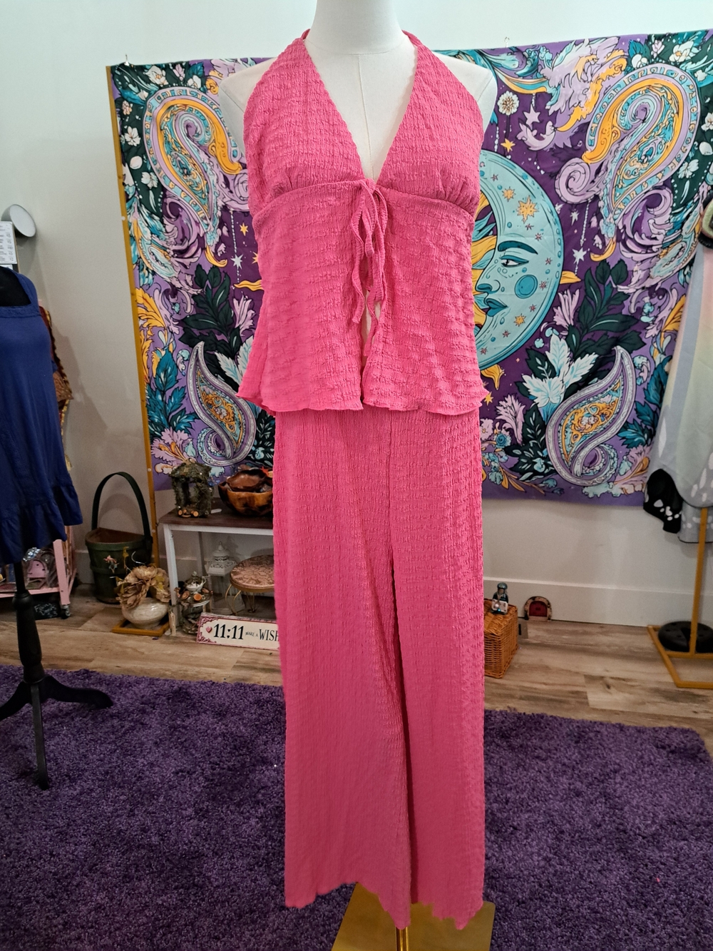 Pink Mirage – Textured Halter Top & Flowing Wide Leg Pants Set XL